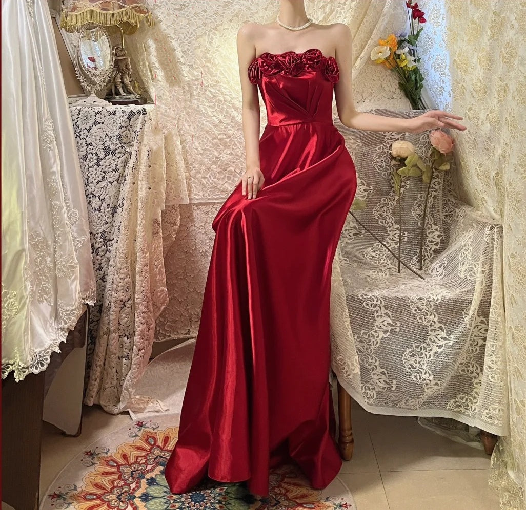 Red delicate floral long elegant satin ball gown evening dress nv4317