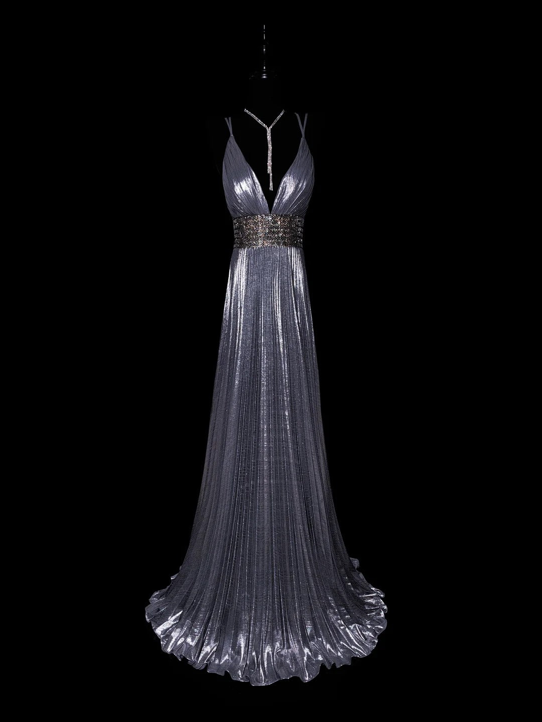 Moonlight Silver Fashion Elegant V-neck Exquisite Beading Long Satin Floor Length Train Ball Gown Evening Gown Prom Gown Party Dress nv3868