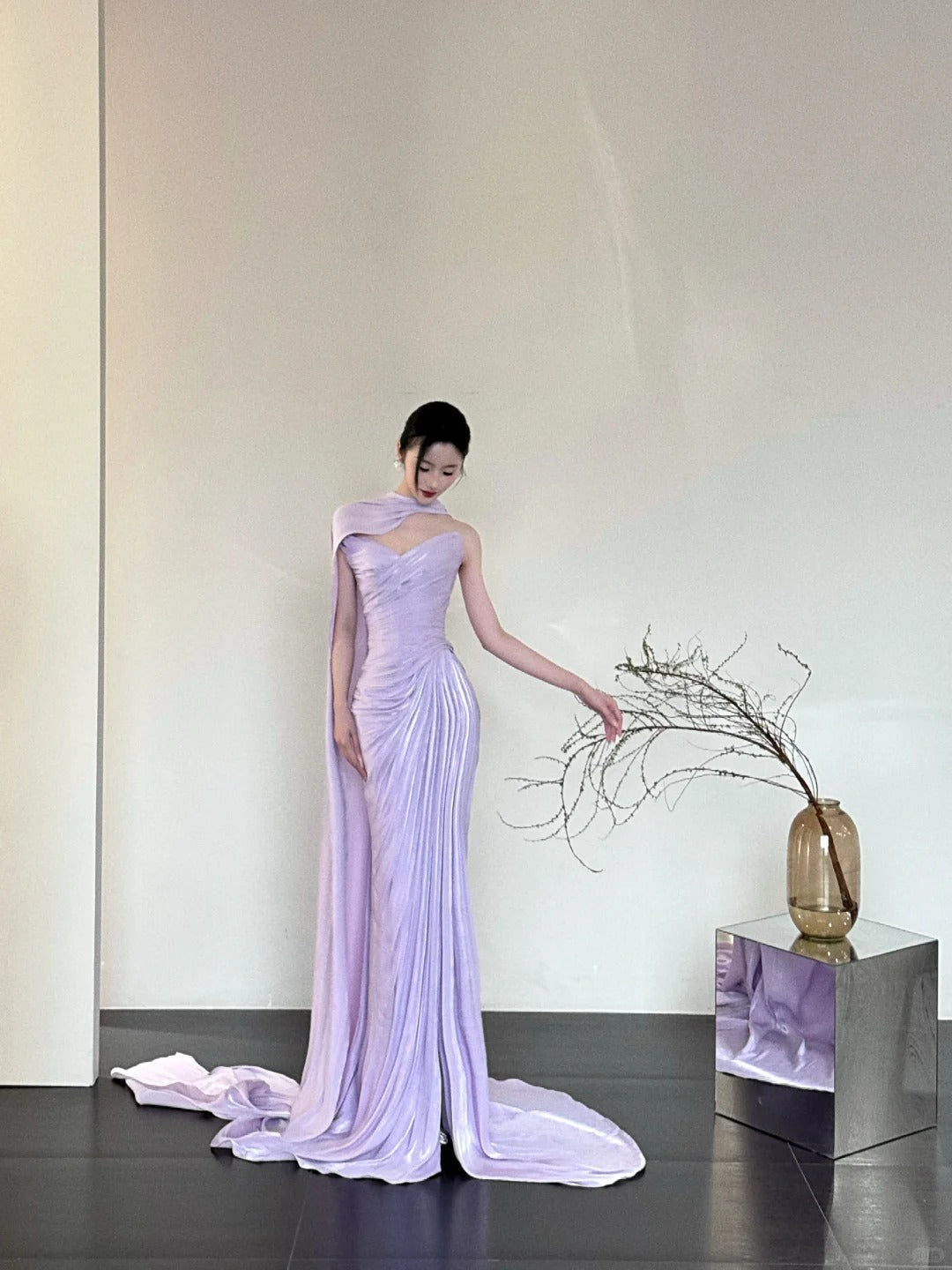 Robe de soirée sirène longue en satin violet, élégante et exquise, longueur au sol, robe de mariée nv4058