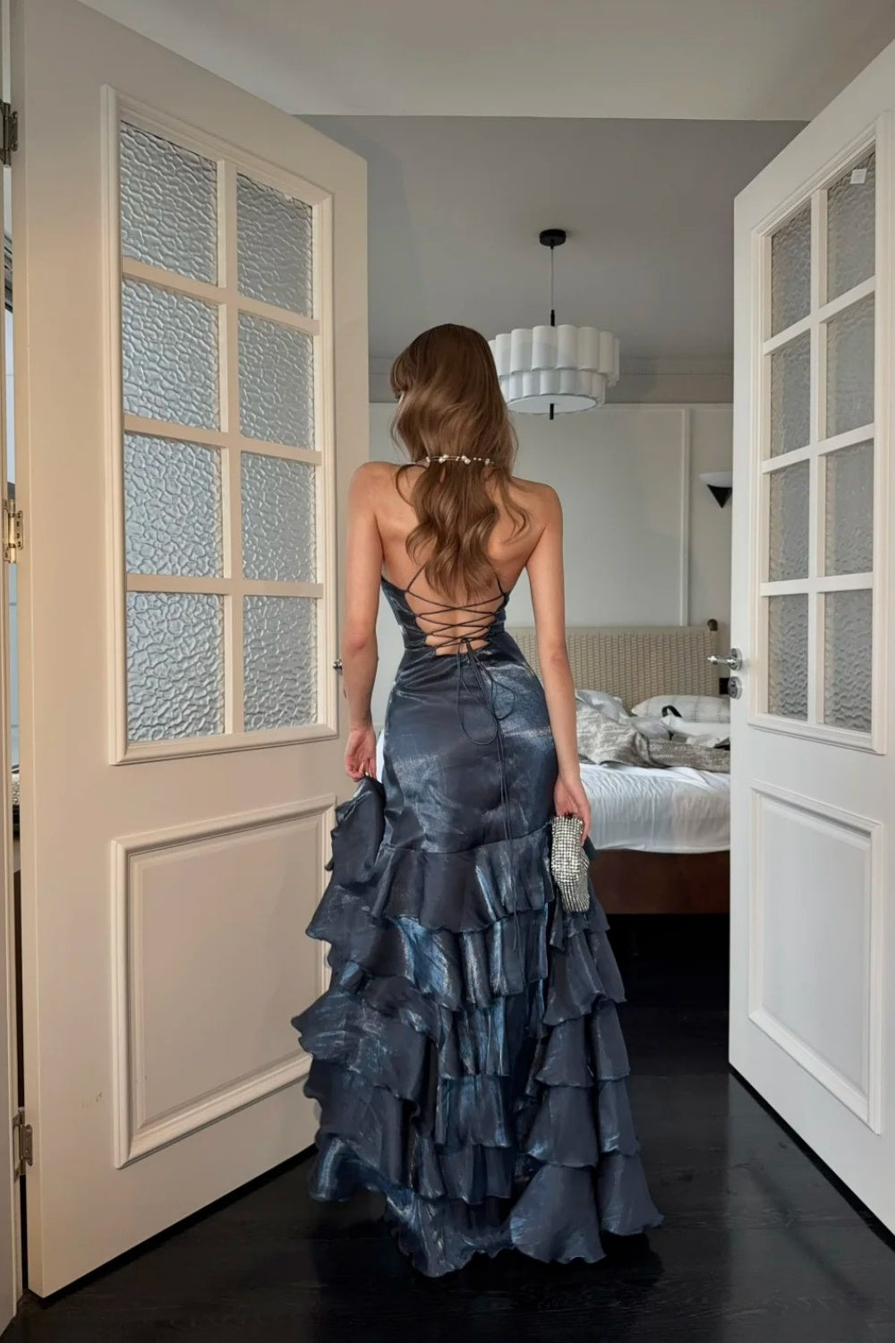 Robe de bal longue en satin bleu marine tendance NV6574