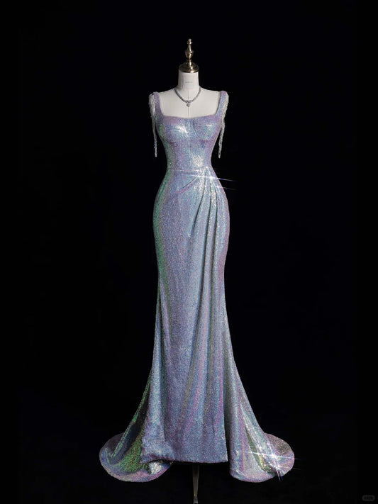 Silver shiny gorgeous elegant beautiful long sequined floor-length mermaid slim ball gown evening dress party dress nv4118
