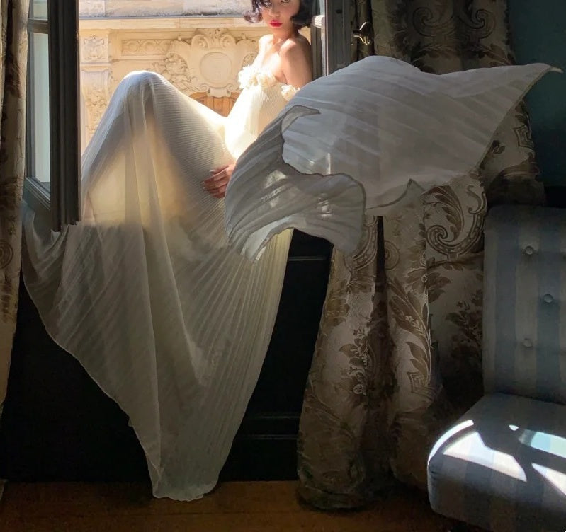 Robe de soirée française à fleurs 3D, épaules dénudées : mousseline plissée, ceinture dos nu, robe style station thermale féerique NV6402