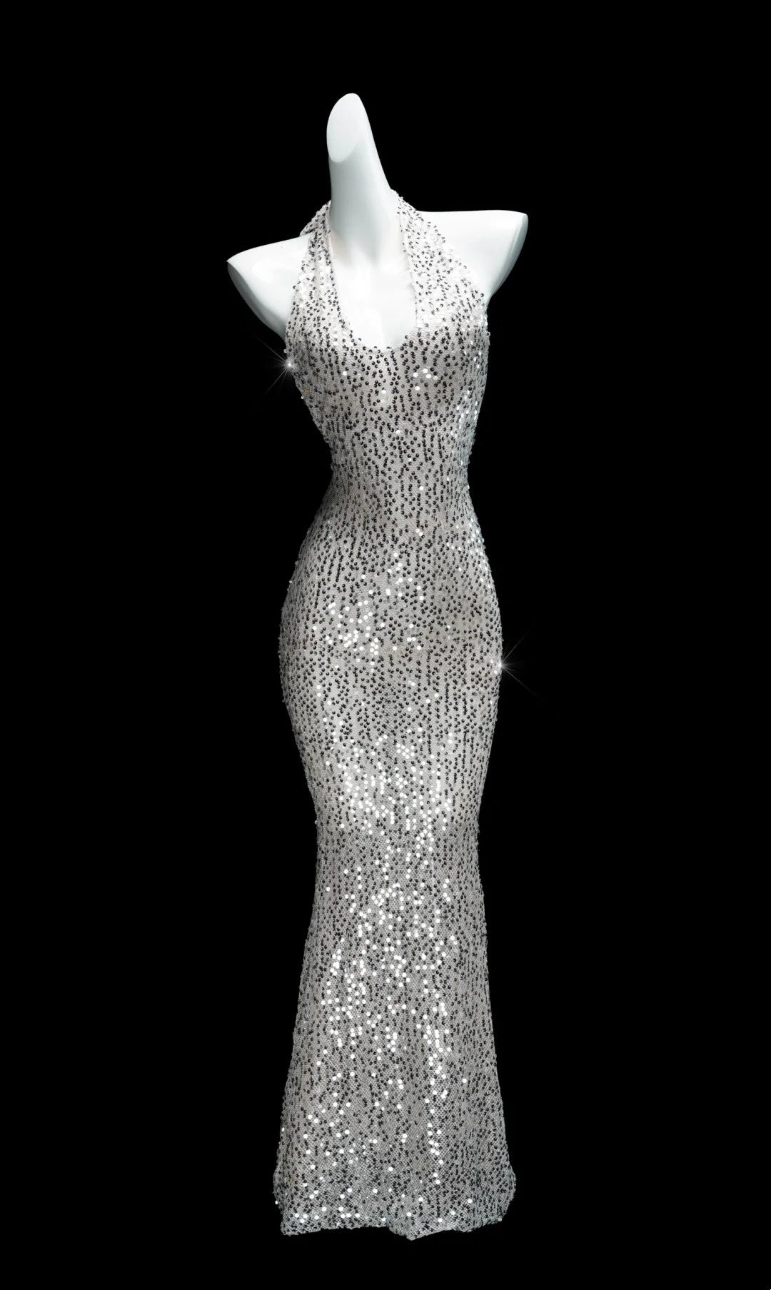 Silbergraues Pailletten-Meerjungfrauenkleid mit Neckholder: Tiefer V-Ausschnitt am Rücken, taillierte Schleppe, festliches Abendkleid NV6410