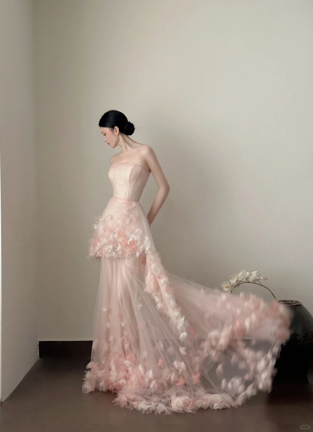 Rosa Elegant Retro Mode Romantisch Lang Bodenlang Schleppendes Chiffon Tüll Ballkleid Abendkleid Geburtstag/Urlaub/Hochzeitskleid Ballkleid Brautkleid nv4075