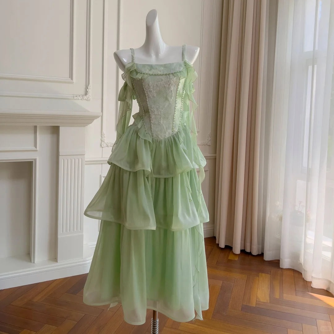Grünes langes Chiffon-Tüll-Heimkehrkleid, Ballkleid, Geburtstagspartykleid, NV4669