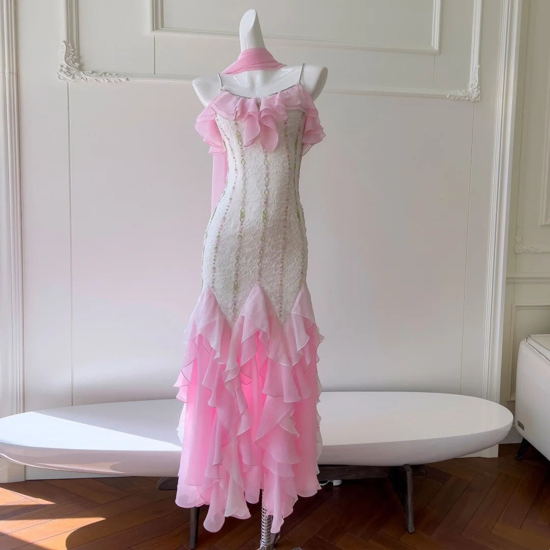 Robe de bal longue en mousseline de soie rose ornée de perles, robe de soirée, robe de remise de diplôme, nv4671