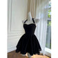 Schwarzes kurzes Samtkleid mit Hosenträgern, Ballkleid, Geburtstagspartykleid, NV4672