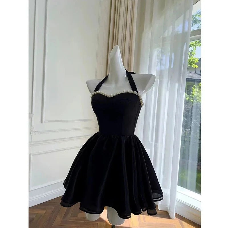 Schwarzes kurzes Samtkleid mit Hosenträgern, Ballkleid, Geburtstagspartykleid, NV4672