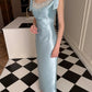 Robe de soirée longue en satin bleu clair à perles exquises nv4170