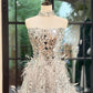 Sternenklares, schimmerndes, silbernes, trägerloses Ballkleid mit Federn und Diamantbesatz – ein atemberaubendes Kleid für Dinner und Preisverleihung NV6358