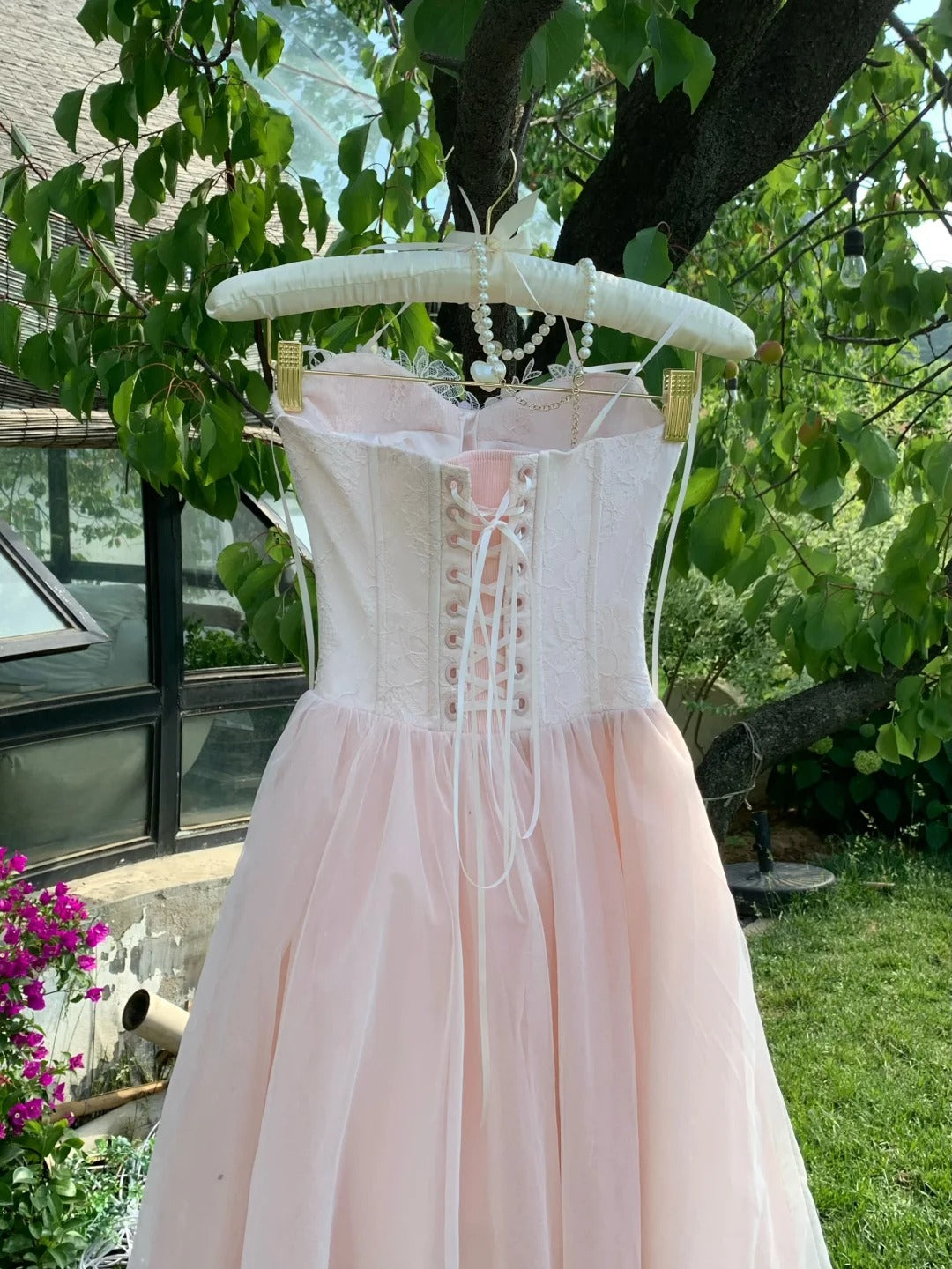 Rosa süßes kurzes Blumen-Tüll-Heimkehrkleid Geburtstagspartykleid nv4937