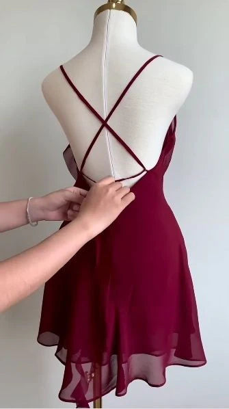 Robe de soirée courte bordeaux asymétrique en mousseline de soie, tenue de fête d'anniversaire, nv5277