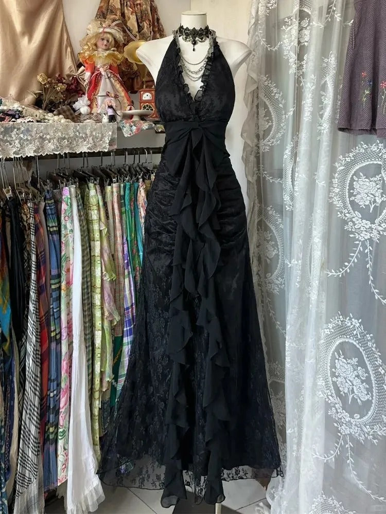 Schwarz Neckholder Retro Mode Elegante Straps Lange Spitze Tüll Meerjungfrau Ballkleid Abendkleid Partykleid nv4203