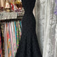 Black Patterned Mermaid Gown: V-neck Sleeveless, Retro Brocade, Banquet Elegant Style NV6399