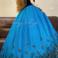 Blaues, florales Vintage-Ballkleid mit elegantem, langem Prinzessinnen-Tüll, nv5026