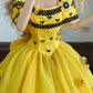 Gelbes, florales, elegantes, langes Ballkleid aus Tüll mit Sonnenblumenmuster, NV5022