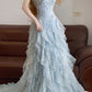 Blaues, langes Ballkleid mit Perlenspitze und Tüll im Prinzessinnen-Stil, NV5044