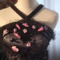 Schwarzes, rosa, mit Perlen besetztes, florales, langes Vintage-Ballkleid aus Tüll, NV5038