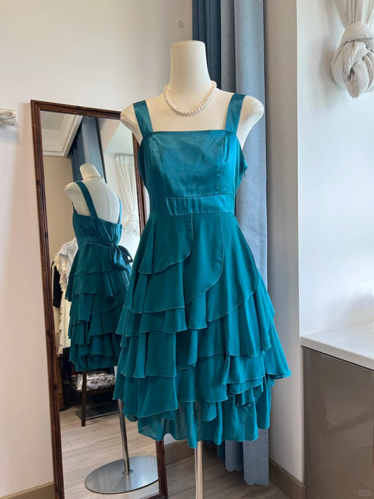 Pfauenblaues Vintage-Kurzes Chiffon-Heimkehrkleid mit Rüschen, Geburtstagspartykleid, NV5100