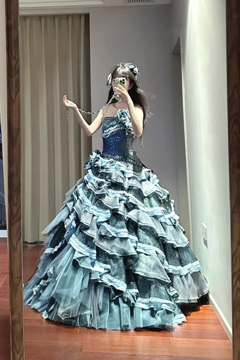 NiceVestidos - Robe de bal longue en tulle multicouches, bleu vintage, exquise, perlée, princesse, 16e anniversaire, conte de fées, fille de la mer, NV5666