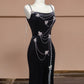 Schwarzes, langes, mit Perlen besetztes Ballkleid aus Schmetterlingssamt, NV5077