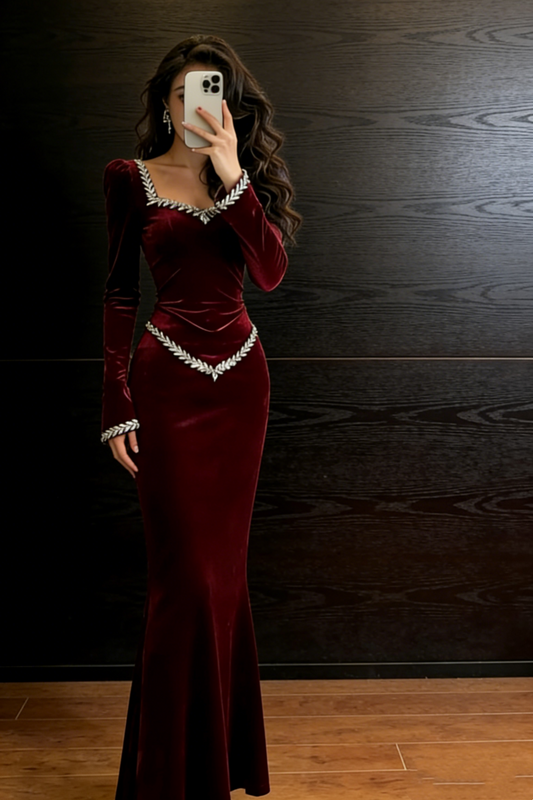 Glamorous Burgundy Velvet Rhinestone Trim Long-Sleeve Bodycon Gown NV6751