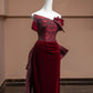 Robe de soirée longue en velours bordeaux à fleurs, élégante et tendance, nv4733