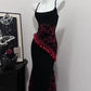 Robe de soirée longue en satin rouge et noir, élégante et vintage, à pompons, motif floral, tenue de bal, d'anniversaire, nv4051