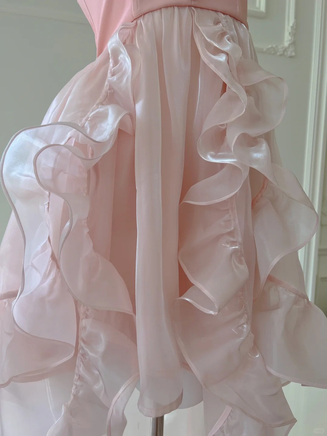 Rosa Perlen Neckholder Elegante Lange Rüschen Chiffon Ballkleid Abendkleid Partykleid nv4186