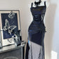 Robe de soirée longue en satin noir, élégante et délicate, en dentelle, style vintage, pour fête d'anniversaire, bal, nv4047