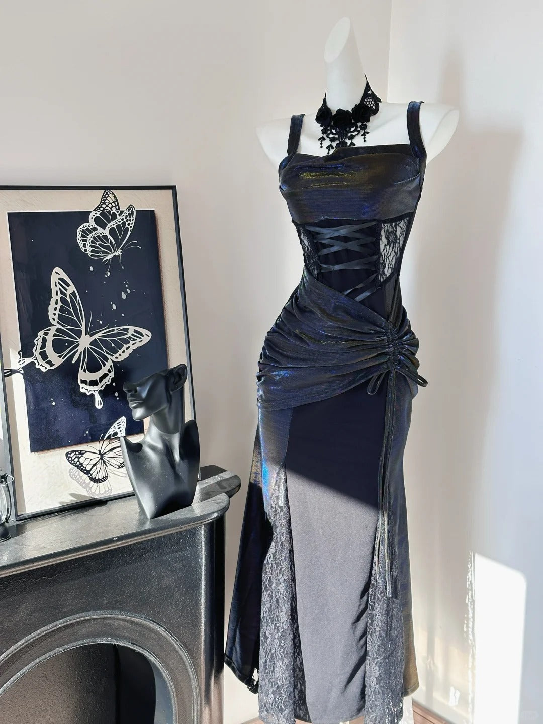 Robe de soirée longue en satin noir, élégante et délicate, en dentelle, style vintage, pour fête d'anniversaire, bal, nv4047