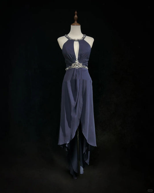 Blue rhinestone backless long chiffon ball gown evening dress nv4427