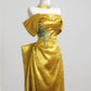 Gold Applique Elegant Long Satin Prom Dress Evening Gown nv4954