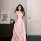 Strapless Dusty Pink Satin Jacquard Evening Gown, Bow Detail Corset Prom Dress with Train  NV7388