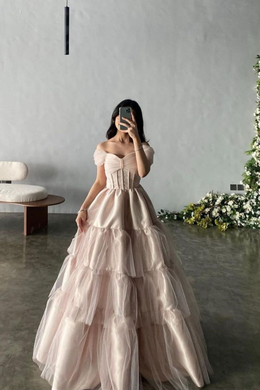 Pink Sweetheart Neck Short Sleeve Off-the-shoulder Long Tulle Evening Dress Princess Dress Formal Floor-length Satin with Pleats nv3151