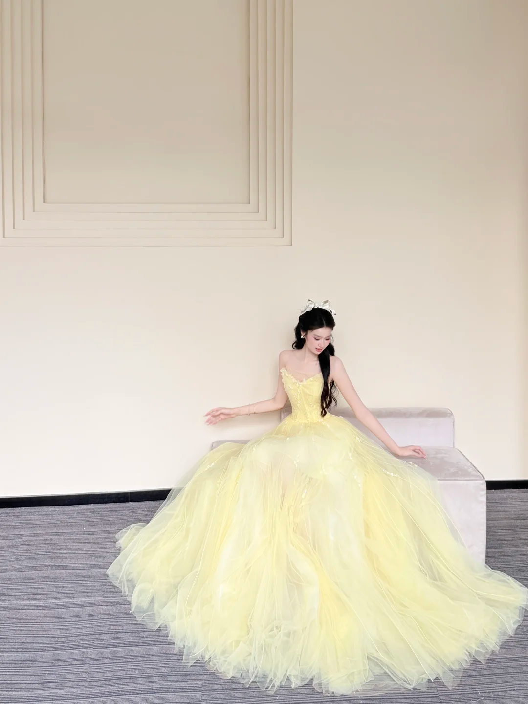 Strapless Pale Yellow Pearl Beaded Fairy Tulle Ball Gown Prom Dress  NV7422