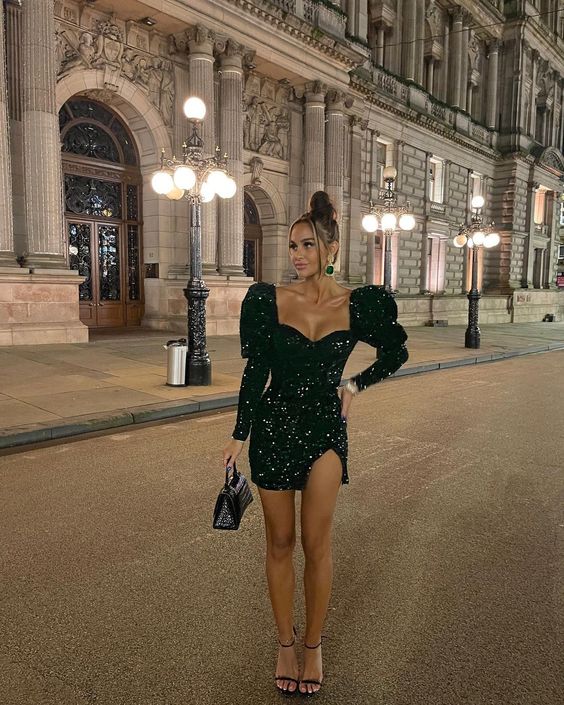 Schwarzes Glitzer-Pailletten-Puffärmel-Langarm-Kurzballkleid, herzförmiger Ausschnitt, modisches Partykleid, Homecoming-Kleid, NV2177