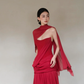 Burgundy One Shoulder Draped Chiffon Pleated Evening Gown with Cape  NV7188