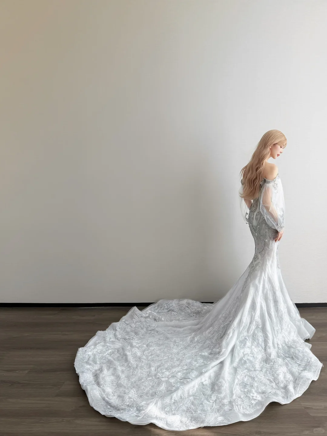 Silver Grey Off Shoulder Prom Gown Detachable Sheer Puff Sleeve Beaded Lace Mermaid Long Train Evening Dress  NV7160