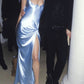 Robe de soirée longue en satin bleu élégant, bretelles, fente sexy, robe de bal, robe de soirée, robe de bal nv4028