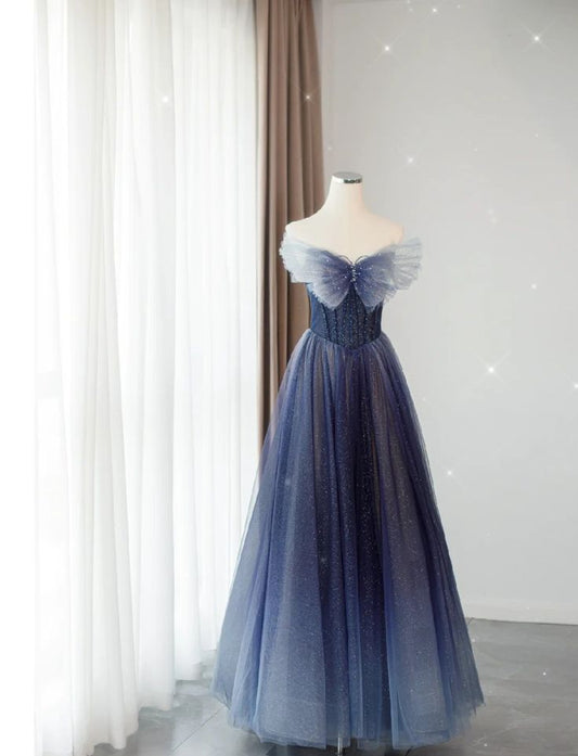 Navy blue gorgeous fashion gradient exquisite beaded butterfly A-line sequined long tulle elegant floor-length ball gown evening dress nv3818