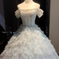 Light Ice Blue Off Shoulder Ball Gown Flutter Sleeve Beaded Corset Tiered Ruffle Tulle Fairy Prom Dress  NV6943