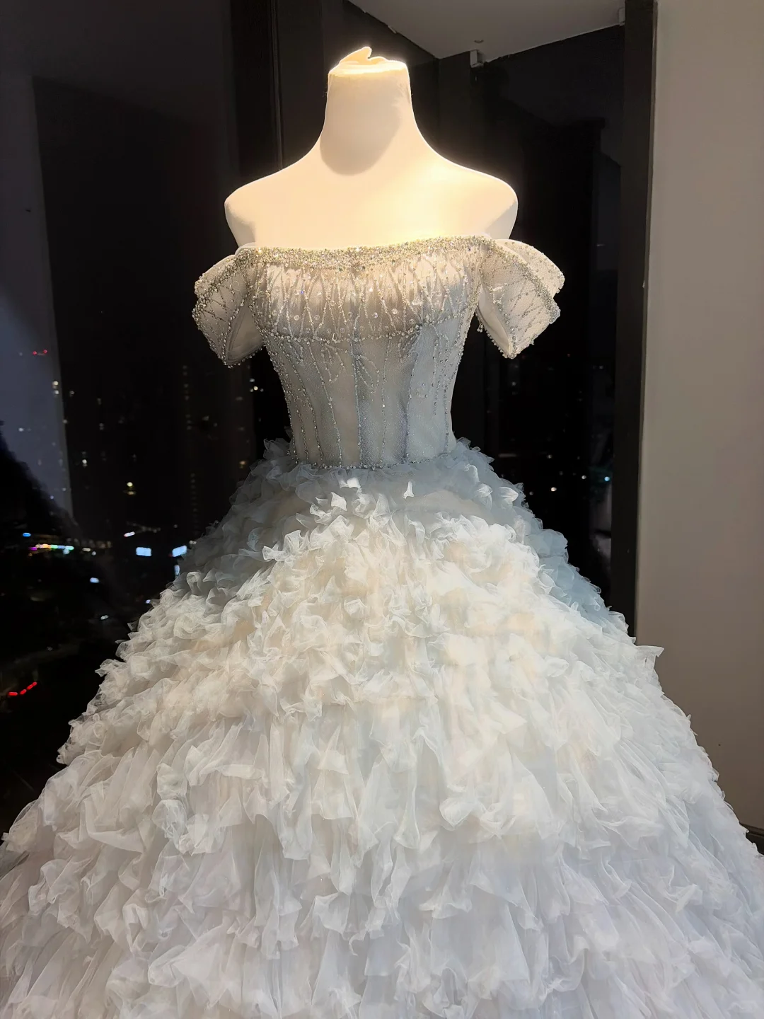 Light Ice Blue Off Shoulder Ball Gown Flutter Sleeve Beaded Corset Tiered Ruffle Tulle Fairy Prom Dress  NV6943