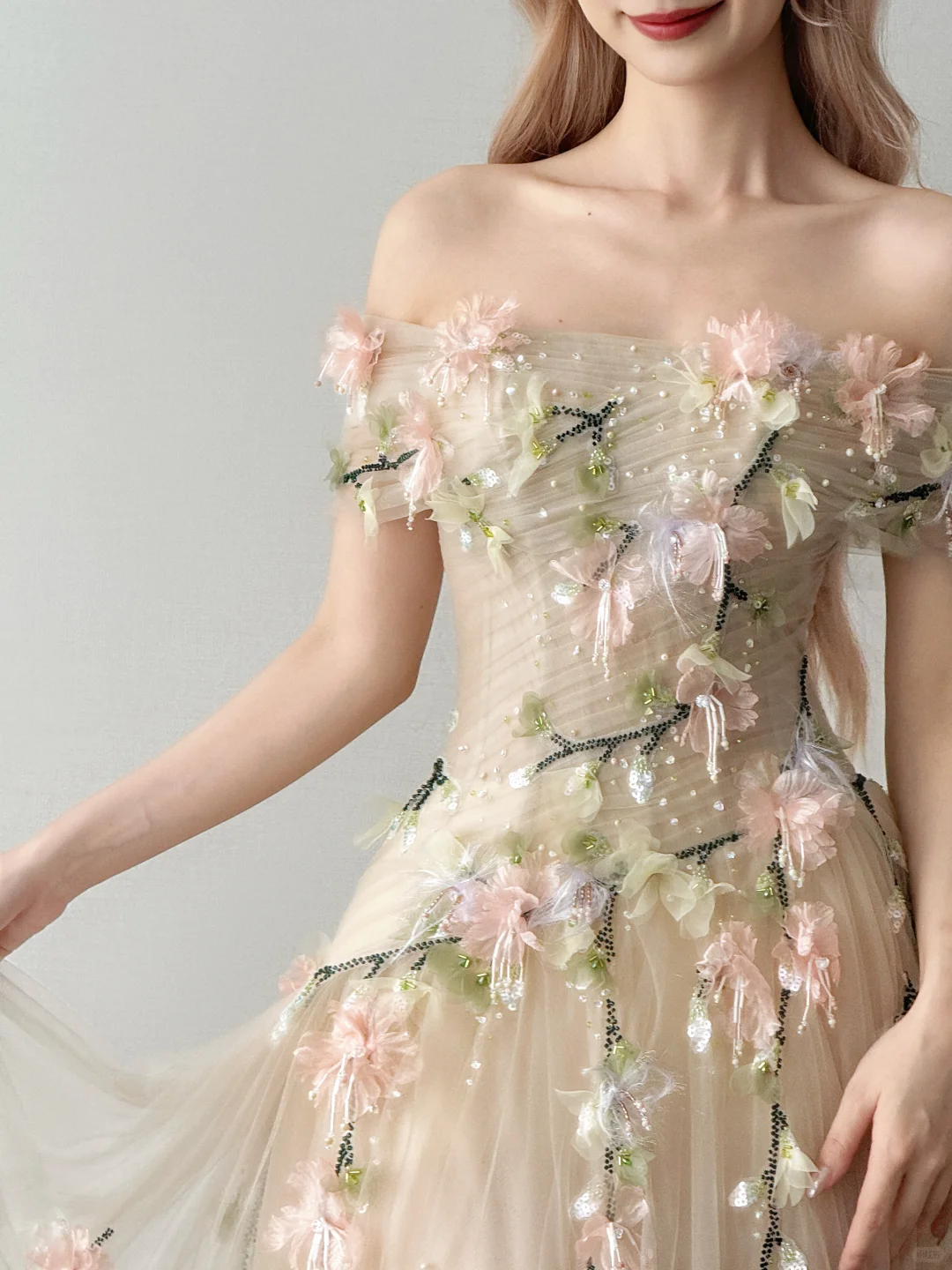 Off Shoulder A-Line Tulle Prom Dress Champagne 3D Floral High Slit Gown  NV7124