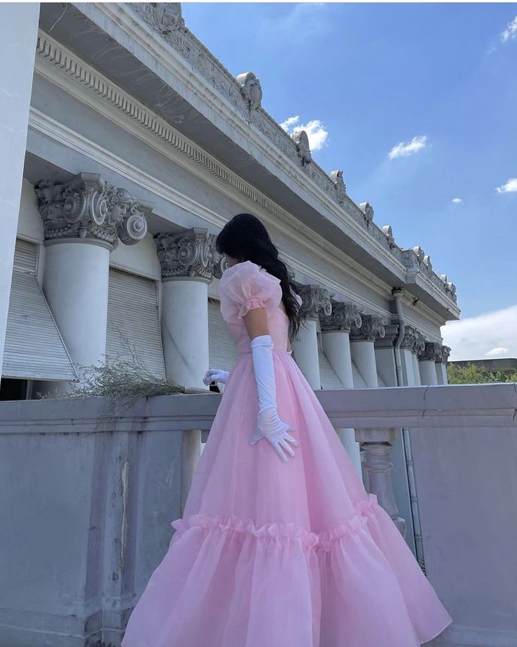 Pink Puff Sleeve Tulle Long Ball Gown Evening Dress Party Dress nv2702