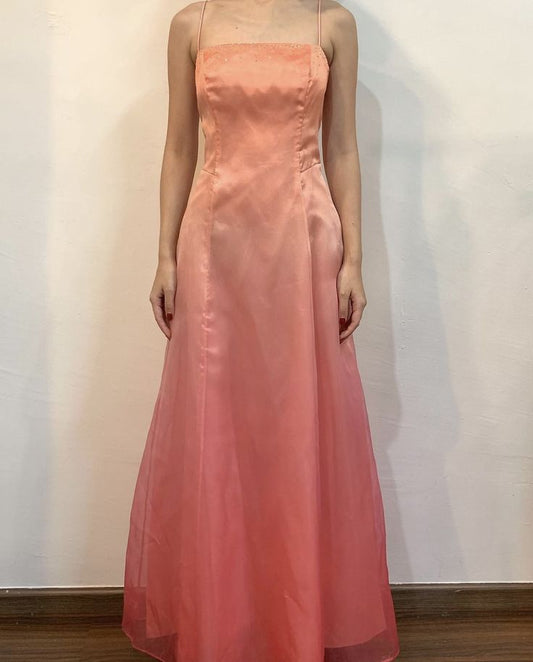 Pink Orange Fashion Gradient Elegant Spaghetti Strap Long Tulle Ball Gown Evening Dress Prom Dress nv3791