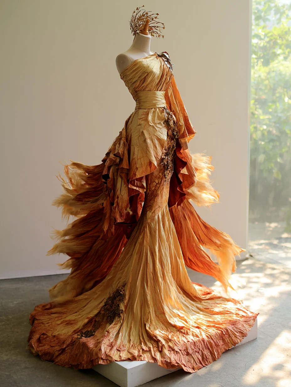 Golden Brown One Shoulder Textured Gradient Mermaid Gown  NV7473