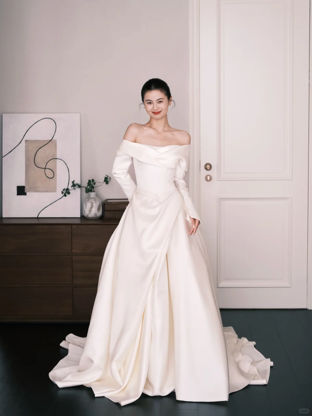White Off The Shoulder Long Sleeve Satin Wedding Dress  NV7231
