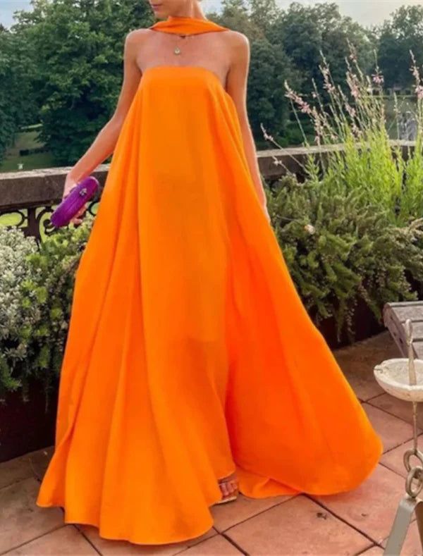 Orange Sexy A-Line Off Shoulder Chiffon Flowing Long Ball Gown Evening Dress Party Dress nv2335