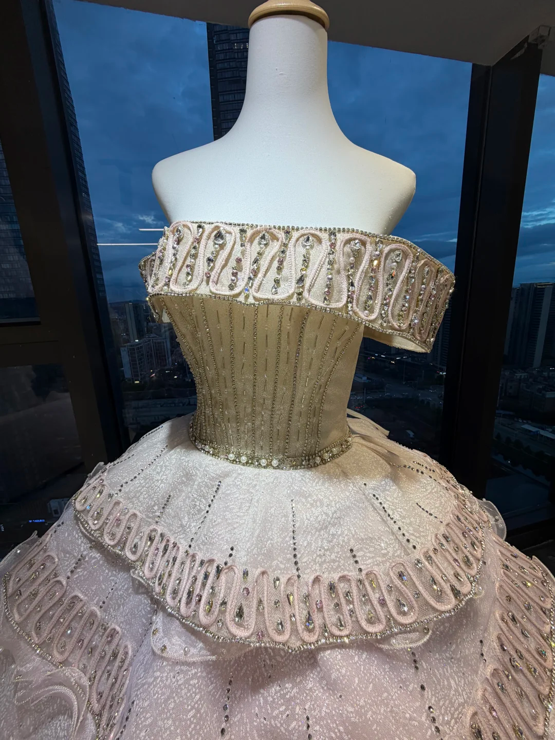 Off Shoulder Light Champagne Ball Gown Hand Beaded Rhinestone Tiered Glitter Tulle Prom Dress  NV7037